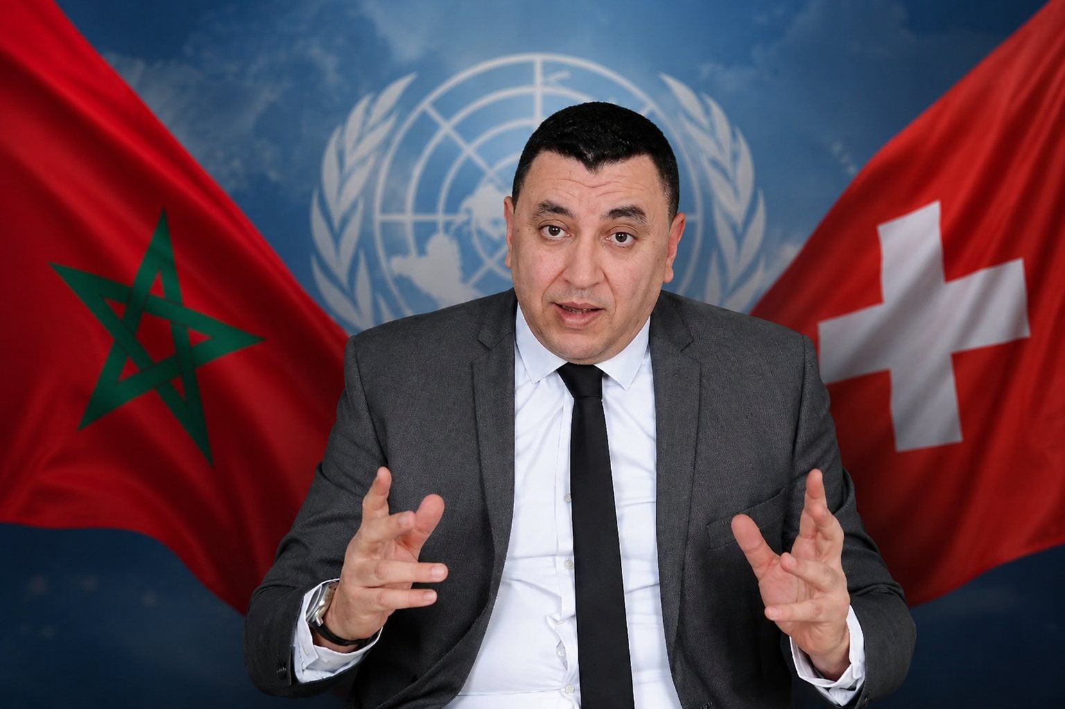 Noureddine Obbad, entre les drapeaux du Maroc et de la Suisse et l'emblème des Nations Unies